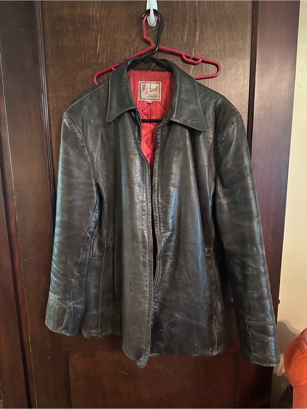 Vintage Delong Rider Brown Leather Jacket with Red Quilted Lining. Size 44.